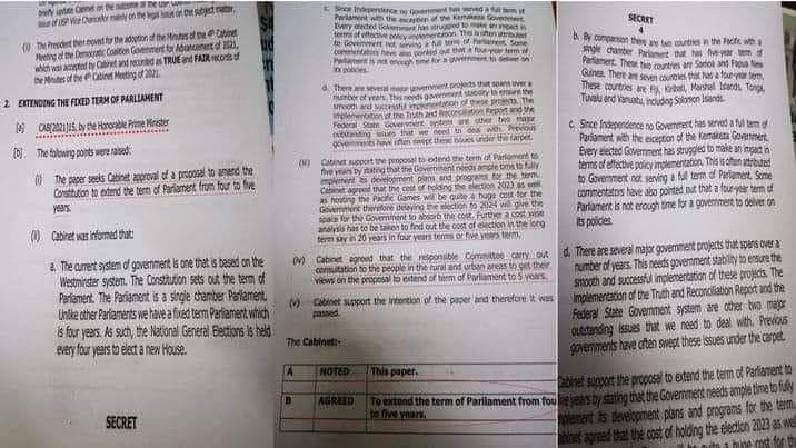 IslandsHerald's tweet photo. A secret cabinet document has been leaked on social media by an insider. Cabinet is "secretly" passing the extension of the 11th parliament from 4 to 5 years. 
This does not go down well with citizens. No "wider consultation" has been made as promised by the PM. https://t.co/NmMgM4YMkM