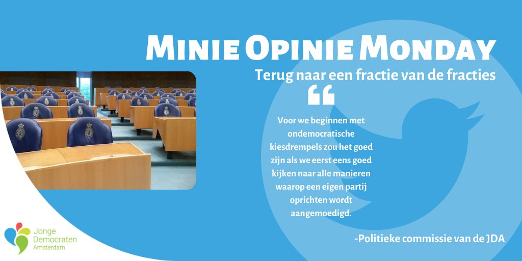 JDAmsterdam's tweet photo. Deze week in de Minie Opinie Monday: met 17 fracties besturen lijkt moeilijker dan ooit. Wij, de politieke commissie van de JDA, vinden dit onwenselijk.

Lees het hele artikel hier:
https://t.co/TmoTWNaKT4

#fracties #tweedekamer #opinie #democratie https://t.co/9QailSLwon