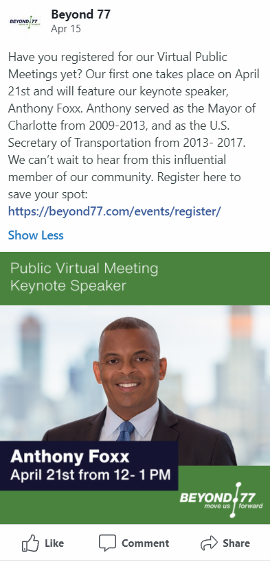 CLTRegionalTPO's tweet photo. There's still time, register for the #Beyond77 virtual public meeting on April 21 from 12-1p.m. Hear from keynote speaker, Anthony Foxx, who served as the #CLTMayor from 2009-2013, &amp; US Secretary of Transportation from 2013- 2017. #CRTPO Register: https://t.co/jHJy3E7to4 https://t.co/QoS4wgJYR4