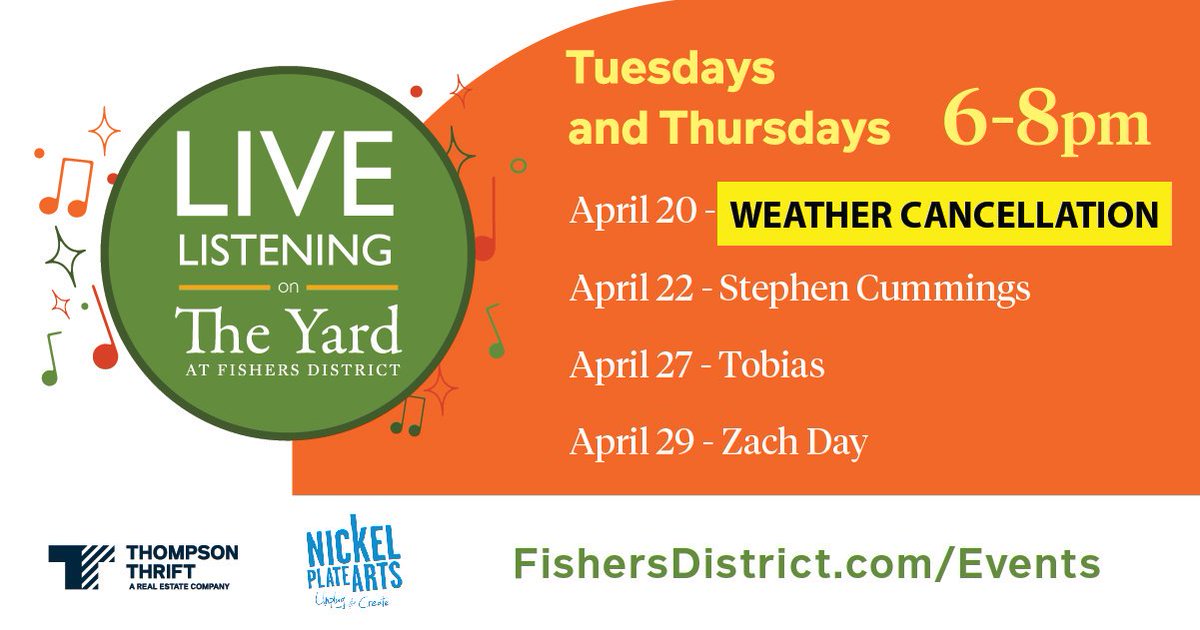 Join us for Live Listening on The Yard at Fishers District, every Tuesday and Thursday, 6-8pm. 

We're disappointed that our first show will be cancelled due to inclement weather. However, we are looking forward to many sessions to come.