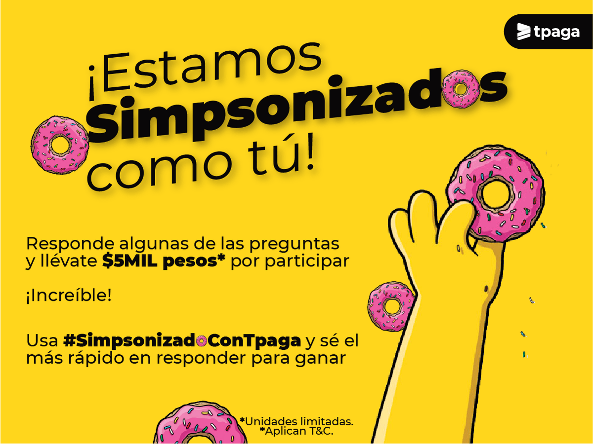 tpagaco's tweet photo. 🖐¡Nos sumamos al #DíaMundialDeLosSimpson!✌️
Estamos amarillos de la dicha y queremos compartirlo con todos. Es muy fácil... solo debes mencionar a tres personas y responder en el mismo tweet para ganar. No olvides usar #SimpsonizadoConTpaga🤳🍩

#TheSimpsonsDay #DiaDeLosSimpsons https://t.co/OeOIFCO8zy