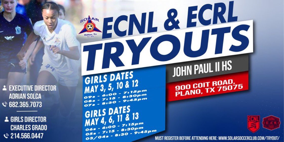 Save the date: Solar SC ECNL &amp; ECRL Girls tryouts!

Must register before attending at solarsoccerclub.com/tryout/
#SolarNation #tryouts