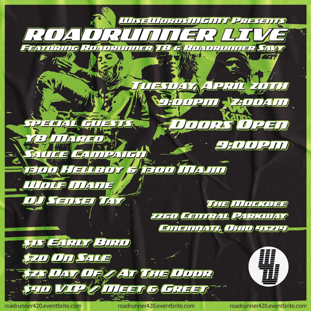 back at it again on 4/20!
<a href="/TheMockbee/">The Mockbee</a> 
doors open 9pm 

performances by 
@RoadrunnerTb
<a href="/RoadrunnerSavy/">Roadrunner Savy</a> 
<a href="/OfficialYBMARCO/">YB MARCO 🚀</a> 
<a href="/wolfmanehoe/">🐺🐺🐺</a> 
@1300hellboy 
@majinmoonstone 
+ more!

sounds by
<a href="/DJSenseiTay/">Tay’Challa</a> 

🎫 | roadrunner420.eventbrite.com