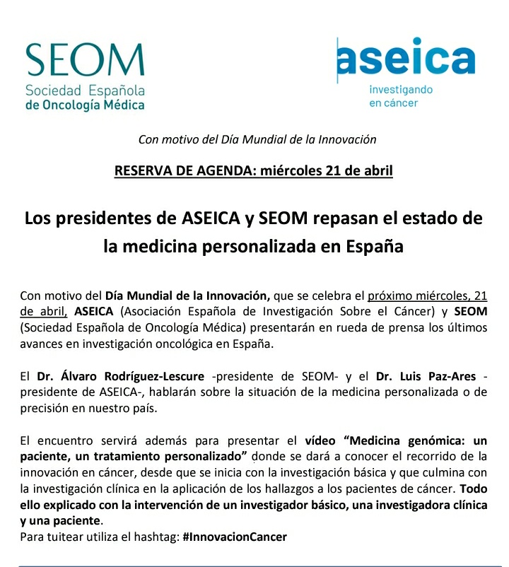 Save the date!
Miércoles 21 de abril
#DíaMundialdelaInnovacion #InnovacionCancer