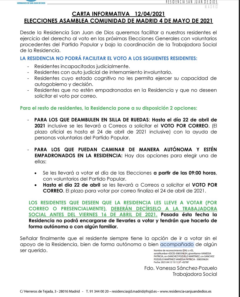 yominusa's tweet photo. Ayuso ofrece en residencias de mayores y discapacitados a voluntarios del PP para “acompañarles” a votar en las próximas elecciones #4M. Juzga por ti mismo y la junta electoral central también, porque esto es manipular y dirigir el voto. Esto es lo que entienden por Libertad👇 https://t.co/HoCdMjB6Lc