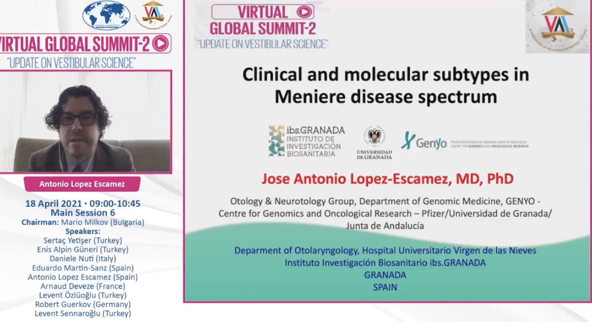 Nuestro compañero el Dr. López Escámez participando onlineen el Virtual Global Summit 2 con una presentación sobre los subtipos de enfermedad de Meniere.