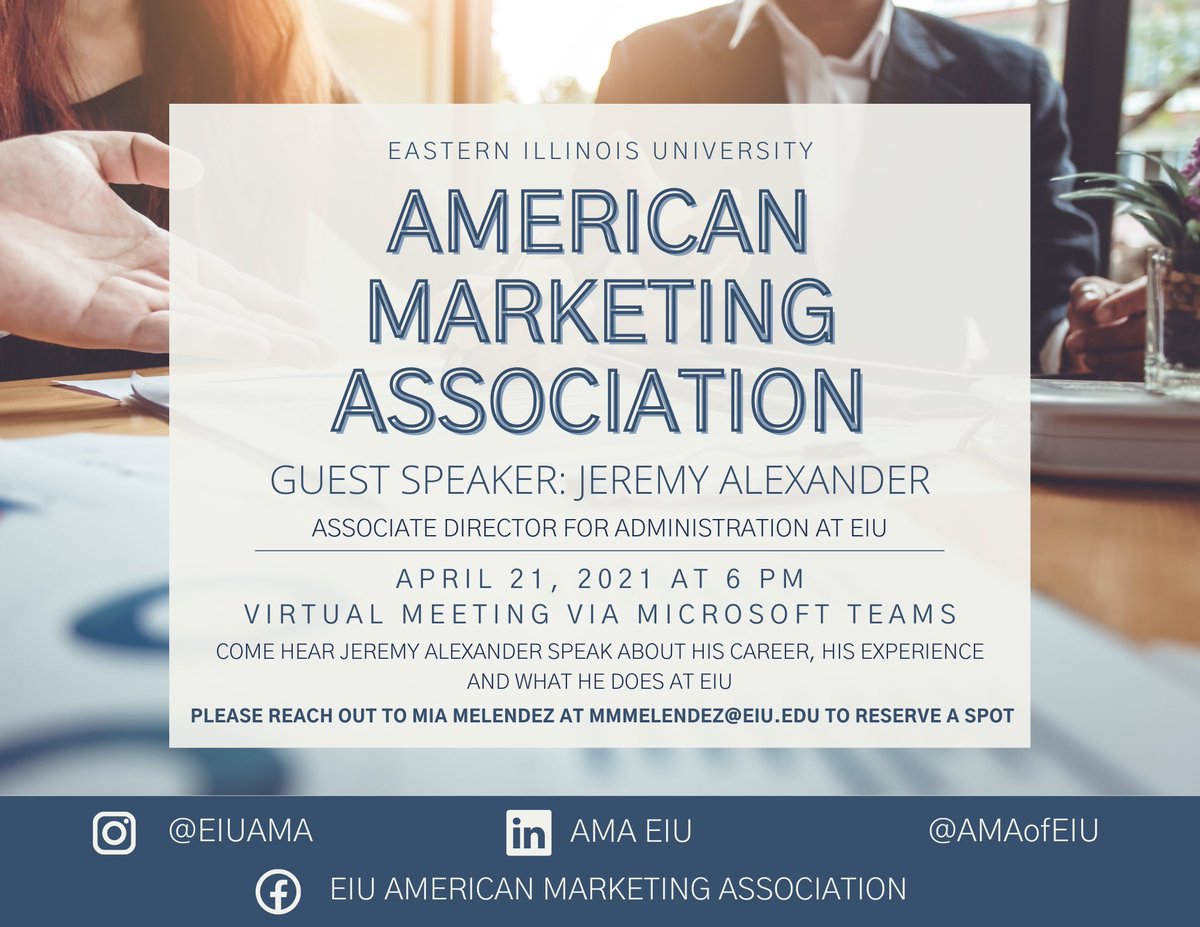 The last meeting of the semester is this upcoming Wednesday the 21st at 6 pm! Come hear Jeremy Alexander speak about his experience, career and what he does at EIU this Wednesday!