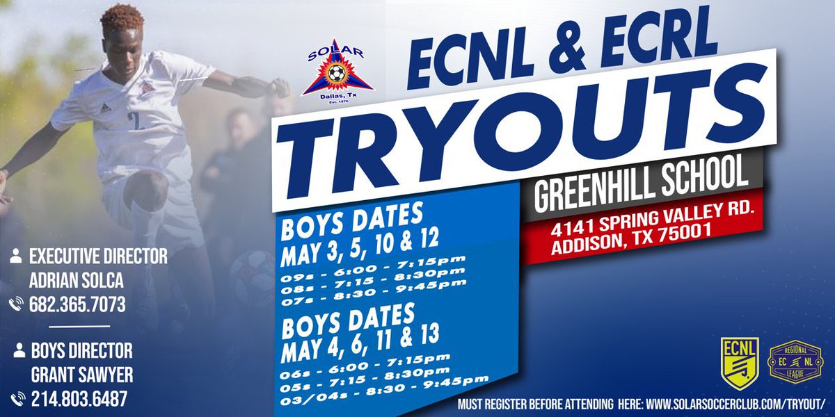 Save the date: Solar SC ECNL &amp; ECRL Boys tryouts!

Must register before attending at solarsoccerclub.com/tryout/

#SolarNation #boystryouts