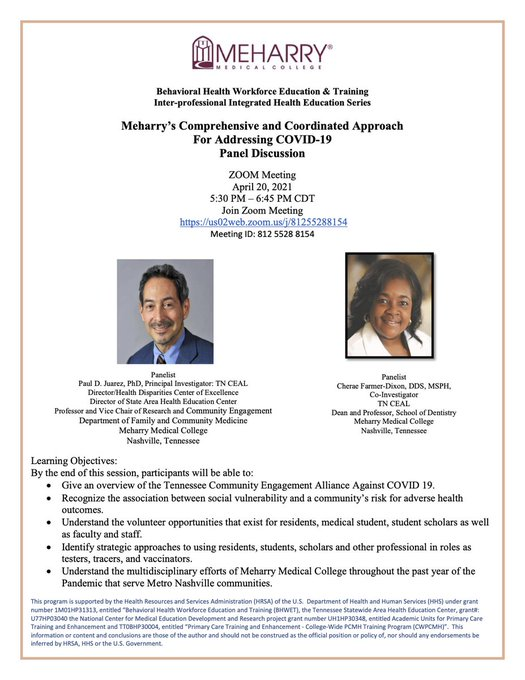 PCTCoP's tweet photo. April 20, 2021, 5:30 PM – 6:45 PM CDT. #BHWET Inter-professional Integrated Health Education Series will host a panel discussion of @MeharryMedical's comprehensive and coordinated approach for addressing #COVID19 #PCTCoP https://t.co/ORmXgYvQ4D