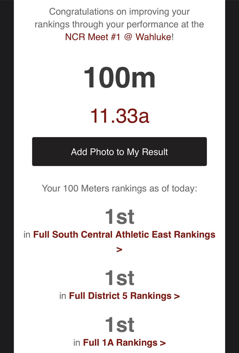 Because of another collarbone surgery following my last football game, I was forced to stop playing baseball and compete in track and field. Here are some numbers from my first meet. This was my time just one week out of surgery. Excited for what’s to come!