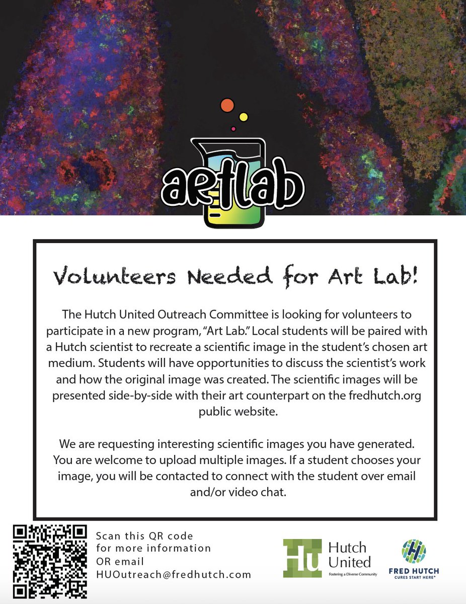 Lisa Levoir (@lisalevoir) on Twitter photo The <a href="/HutchUnited/">Hutch United</a> Education Outreach committee is looking for scientific images generated by Fred Hutch scientists for high schoolers to recreate (and then meet w/ the scientist). submit to Art Lab here by May 1st docs.google.com/forms/d/e/1FAI⦠The <a href="/HutchUnited/">Hutch United</a> Education Outreach committee is looking for scientific images generated by Fred Hutch scientists for high schoolers to recreate (and then meet w/ the scientist). submit to Art Lab here by May 1st docs.google.com/forms/d/e/1FAIā¦