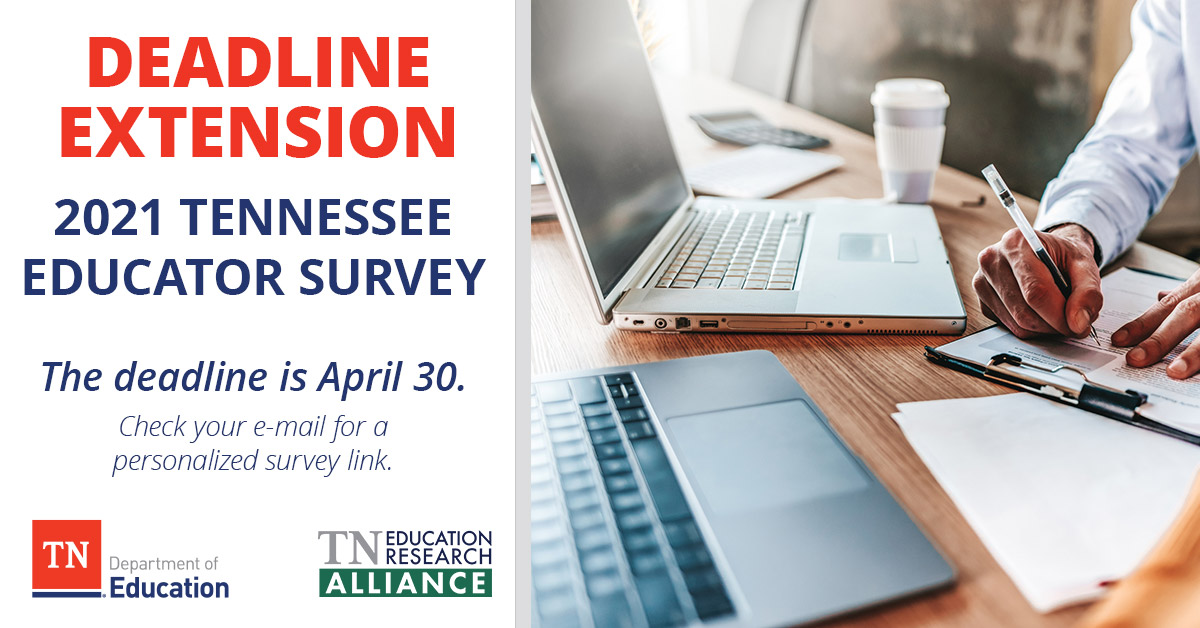 EDUCATORS: The DEADLINE to complete the #TNEdSurvey has been EXTENDED to 4/30! We've heard from 33K+ participants about their experiences in education in TN. Don't miss this opportunity to provide feedback and help make your school eligible for a grant! Check your inbox today!