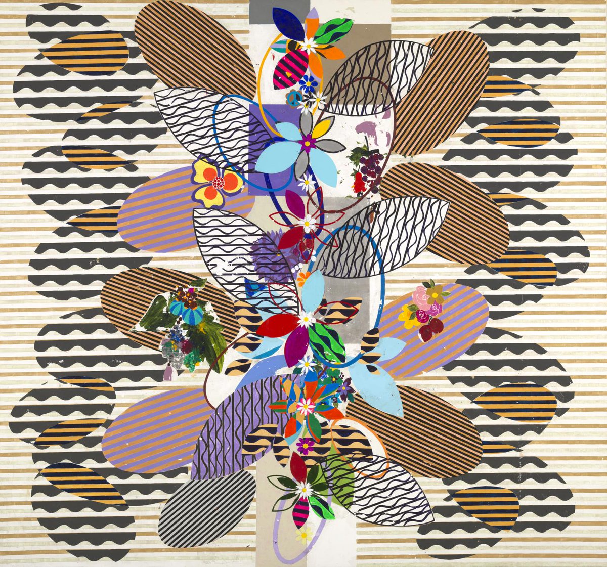 A large-scale painting in acrylic on canvas composed from different coloured geometric shapes that are arranged in overlapping formations along a central vertical axis decorated with a floral motif. 