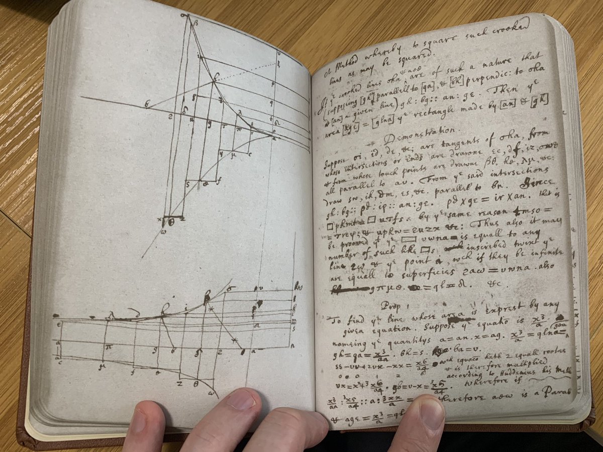 LongFormMath's tweet image. In his early 20s, in his small college notebook, Newton developed infinite series, the binomial theorem, differential and integral calculus, music theory, and more. Today I showed my Math History students an *exact* copy of that notebook. Exact—down to the last smudge!