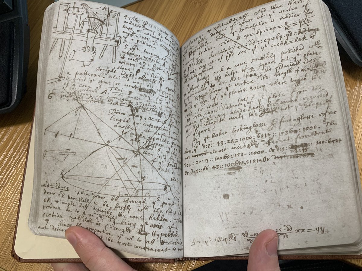 LongFormMath's tweet image. In his early 20s, in his small college notebook, Newton developed infinite series, the binomial theorem, differential and integral calculus, music theory, and more. Today I showed my Math History students an *exact* copy of that notebook. Exact—down to the last smudge!