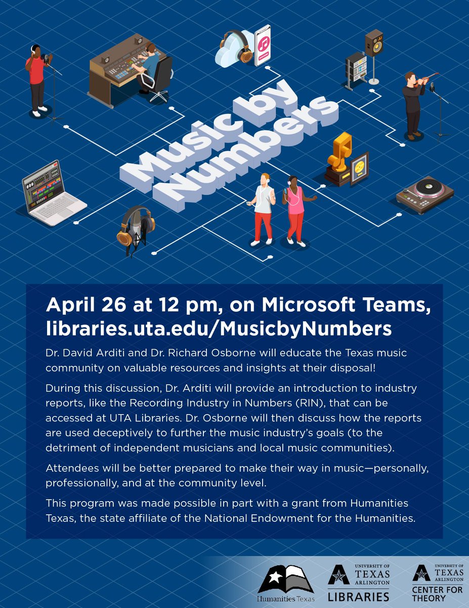 txmusicoffice's tweet photo. HEADS UP MUSIC INDUSTRY PROFESSIONALS:

On 4/26 at noon, @utarlington hosts “Music By Numbers: A Conversation about Music Industry Data Archives” (https://t.co/Cz1AddEx1z). 

The virtual event is free, virtual, and open to all. https://t.co/JcJvUdbZYv