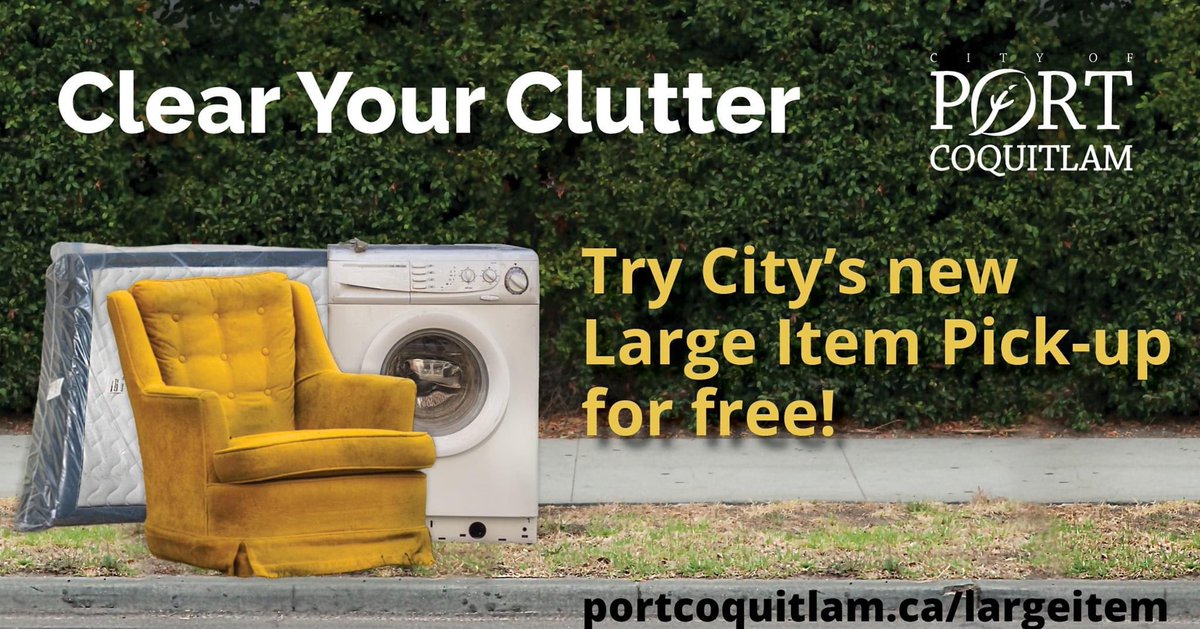 Pleased to share that <a href="/CityofPoCo/">City of Port Coquitlam</a>’s new large item pick-up program launches TODAY! All #PortCoquitlam households receiving city waste services can start booking free pick-up of appliances, furniture &amp; other large items. 
 
Details at portcoquitlam.ca/largeitem