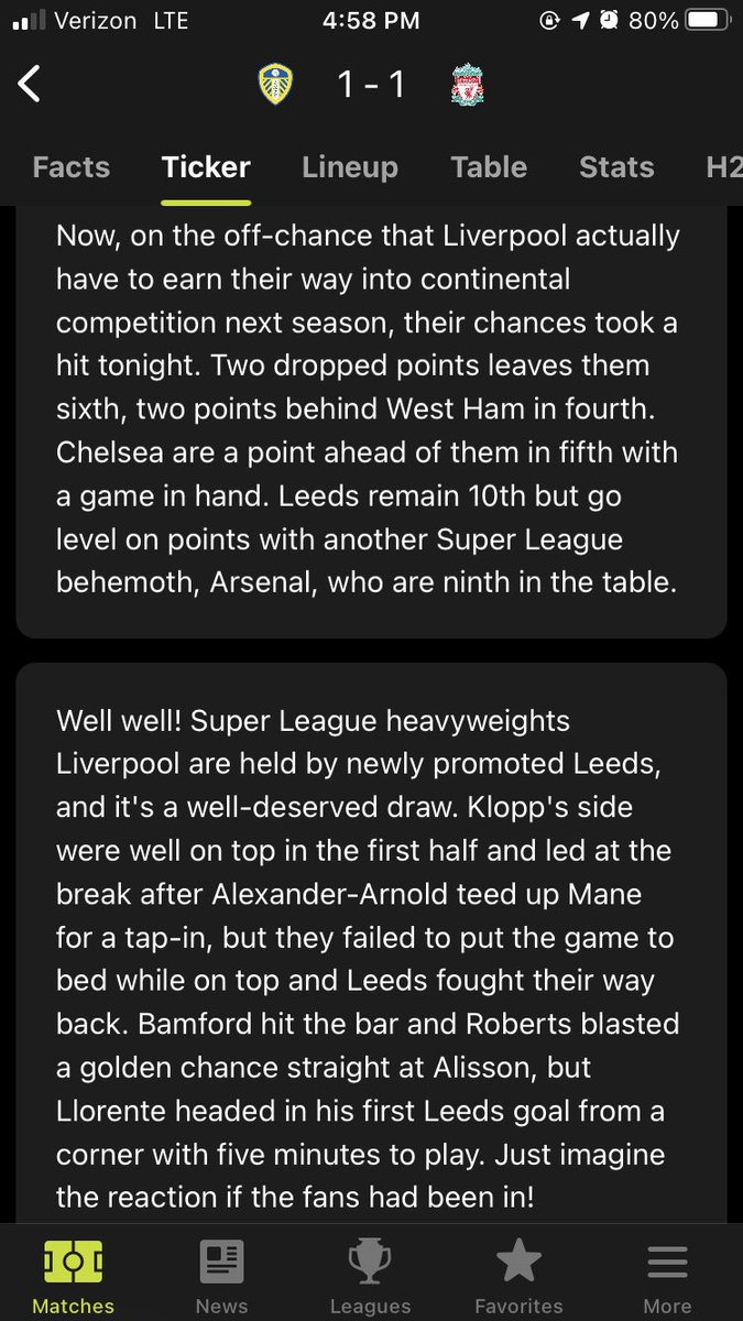 ConnorDanePoli's tweet photo. Unmatched hidden banter by the @FotMob team in their live ticker after the Leeds-Liverpool match today 😂 https://t.co/mJbGLoPyxC