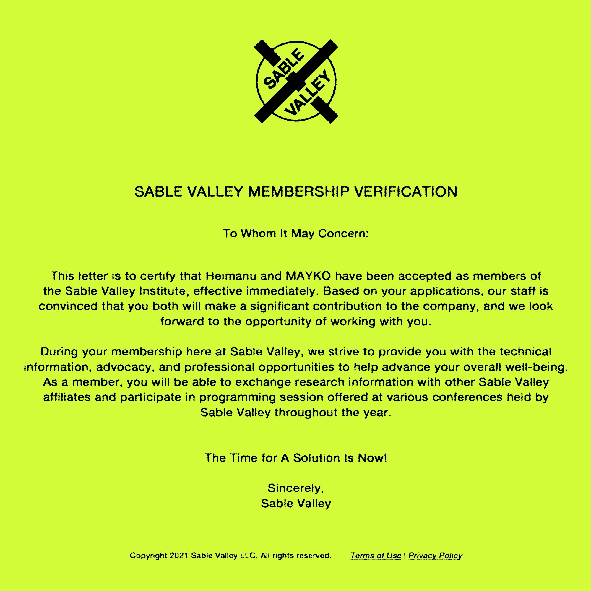 Sable Valley acceptance letter for Mayko