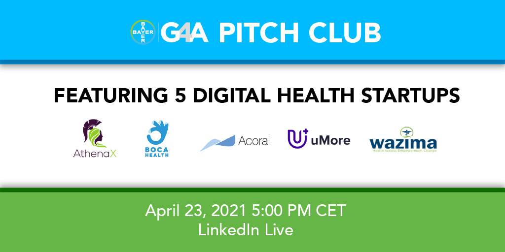 Digital Health Today (@dhealthtoday) on Twitter photo This Fri 23rs <a href="/G4Ahealth/">Bayer G4A</a> is launching Pitch Club - an online event where #digitalhealth startups pitch solutions & in front of experts, venture capitalists, potential customers & media.
linkedin.com/events/g4apitc…
#G4APitchClub
<a href="/_AthenaX_/">Athena</a> <a href="/Boca_Health/">BOCAhealth</a> #Acorai <a href="/uMoreAi/">uMore | Find & Send Therapy Homework To Clients</a> <a href="/WazimaHealth/">Wazima Health</a> This Fri 23rs <a href="/G4Ahealth/">Bayer G4A</a> is launching Pitch Club - an online event where #digitalhealth startups pitch solutions & in front of experts, venture capitalists, potential customers & media.
linkedin.com/events/g4apitc…
#G4APitchClub
<a href="/_AthenaX_/">Athena</a> <a href="/Boca_Health/">BOCAhealth</a> #Acorai <a href="/uMoreAi/">uMore | Find & Send Therapy Homework To Clients</a> <a href="/WazimaHealth/">Wazima Health</a>