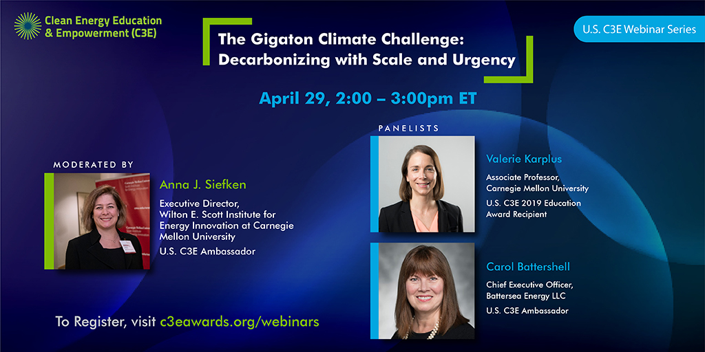 Join us for the next C3E webinar on Thursday, April 29, 2-3pm ET to hear U.S. C3E Ambassadors <a href="/AnnaJSiefken/">AnnaJSiefken</a> &amp; Carol Battershell &amp; 2019 U.S. C3E Education Award Recipient <a href="/vjkarplus/">Valerie Karplus</a> discuss critical pathways to #decarbonization! Register now at c3eawards.org/webinars #C3Ewomen