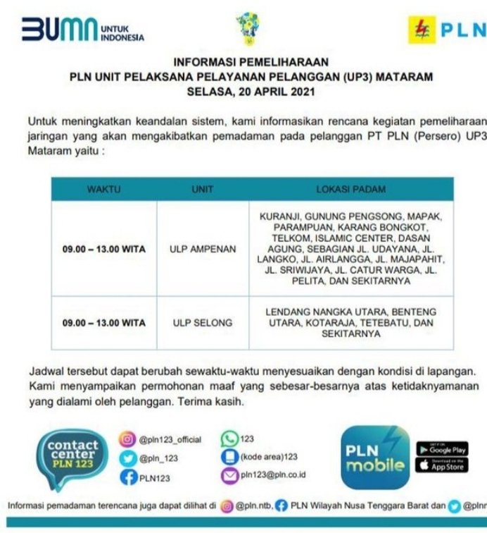 jadwal pmadaman litrik selasa 20 april 2021