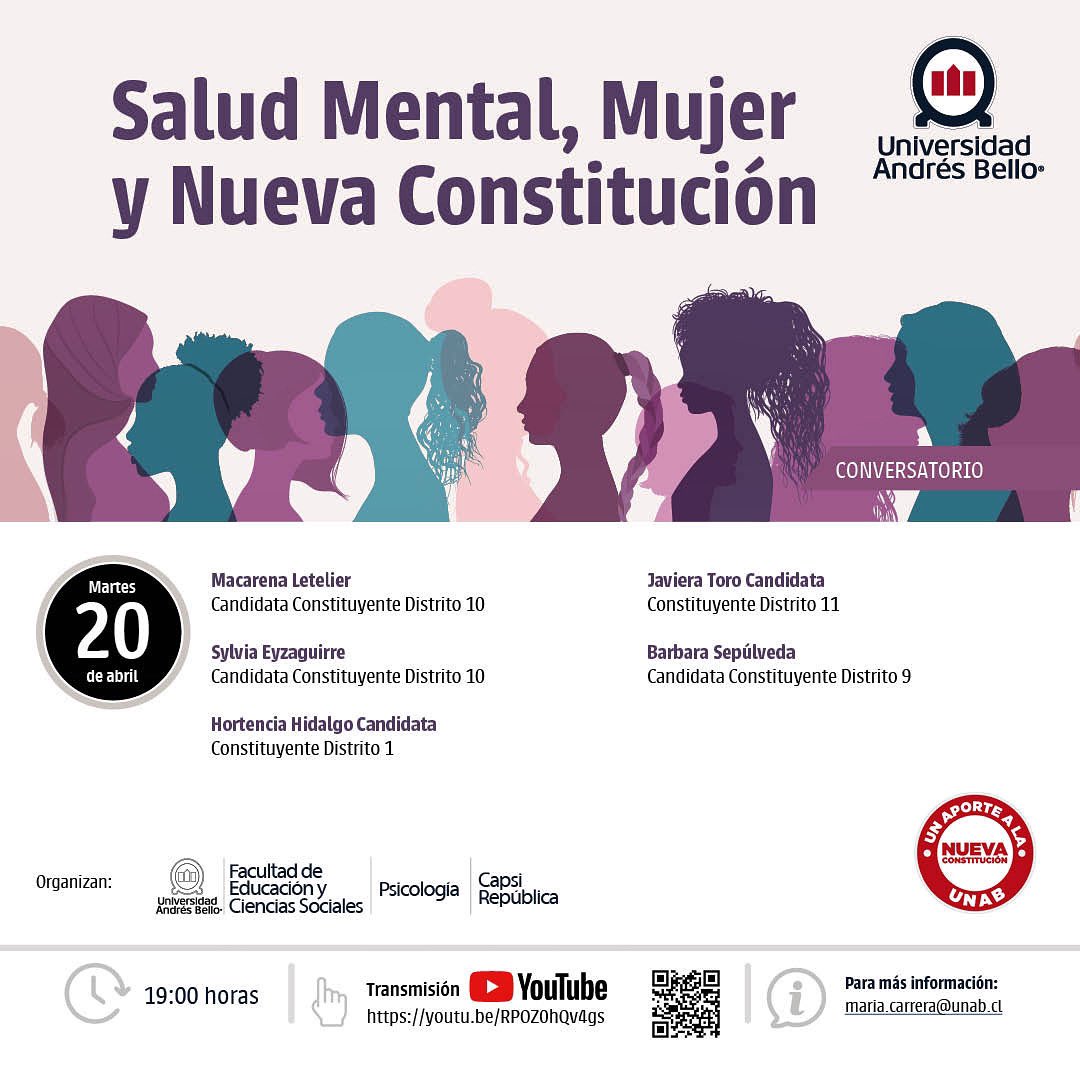 PsicologiaUnab (@psicologiaunab) on Twitter photo ¡Mañana a las 19 horas! les invitamos al conversatorio Salud Mental, Mujer y Nueva Constitución, organizado por la carrera de
<a href="/PsicologiaUnab/">PsicologiaUnab</a>
y el CAPSI República. Modera Carolina Carrera, presentan
<a href="/SylviaEyzaguirr/">Sylvia Eyzaguirre</a>
<a href="/javieratoroc/">Javiera Toro Cáceres</a>
<a href="/BSepulvedaHales/">Bárbara Sepúlveda Hales</a>
@macaletelierv
<a href="/HortenciaXArica/">Hortencia Hidalgo Caceres</a> ¡Mañana a las 19 horas! les invitamos al conversatorio Salud Mental, Mujer y Nueva Constitución, organizado por la carrera de
<a href="/PsicologiaUnab/">PsicologiaUnab</a>
y el CAPSI República. Modera Carolina Carrera, presentan
<a href="/SylviaEyzaguirr/">Sylvia Eyzaguirre</a>
<a href="/javieratoroc/">Javiera Toro Cáceres</a>
<a href="/BSepulvedaHales/">Bárbara Sepúlveda Hales</a>
@macaletelierv
<a href="/HortenciaXArica/">Hortencia Hidalgo Caceres</a>