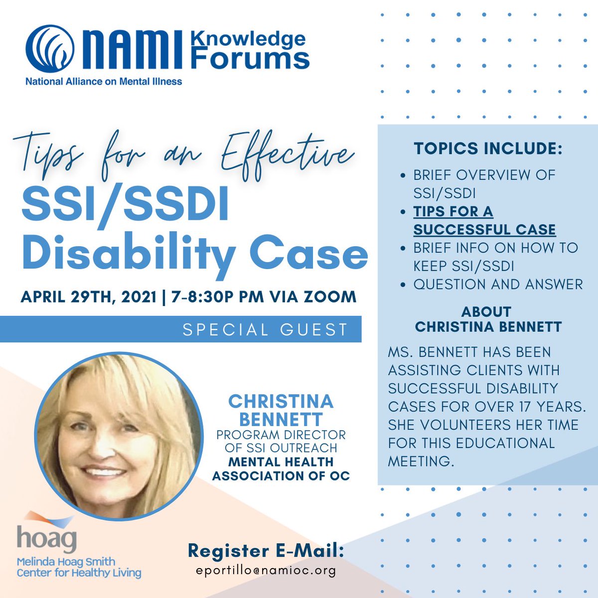 NAMIOC's tweet image. Christina Bennett from @MHAOrangeCty returns Thursday, APRIL 29th at 7pm via Zoom to give you effective tips for a successful SSI/SSDI case!! Seats will fill up fast!! 

Please reserve your spot with Ed Portillo at eportillo@namioc.org 

#ssdi #ssi #disabilitycase #socialsecurity