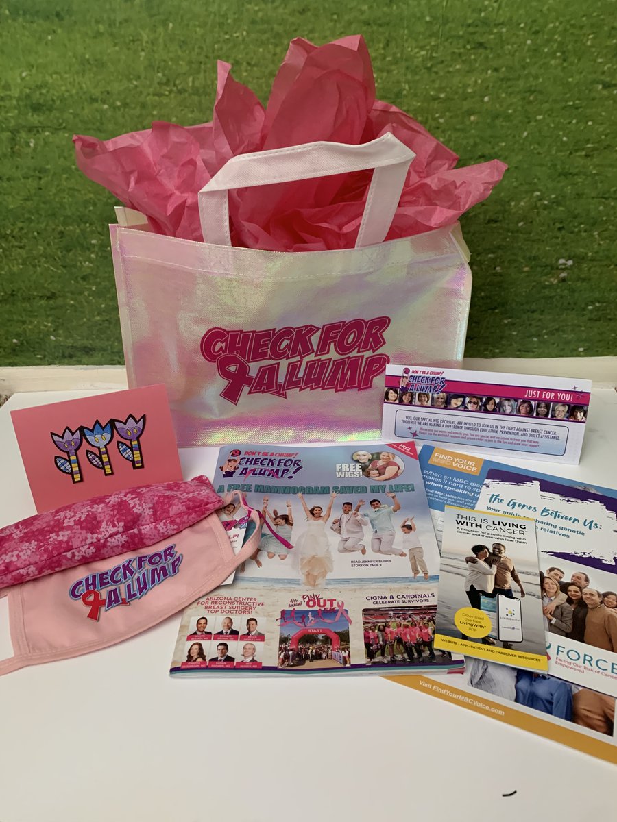checkforalump's tweet photo. Our wig clients receive beautiful free new wigs from one of our partnered wig shops. Along with their wig, we give clients a Check for a Lump support bag with resources, facemasks, education tools, and more! #breastcancer #cancer #freewigs #checkforalump #checkforalumpaz #support https://t.co/HGDNbF6hy1