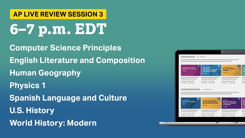 These live AP Daily: Live Review sessions begin at 6 pm ET!

Join today's review session or set a reminder:
🔹 AP CSP: spr.ly/6017HNpLX
🔹 AP English Lit: spr.ly/6018HNpLk 
🔹 AP Human Geography: spr.ly/6019HNpLZ 
🔹 AP Physics 1: spr.ly/6010HNpLw