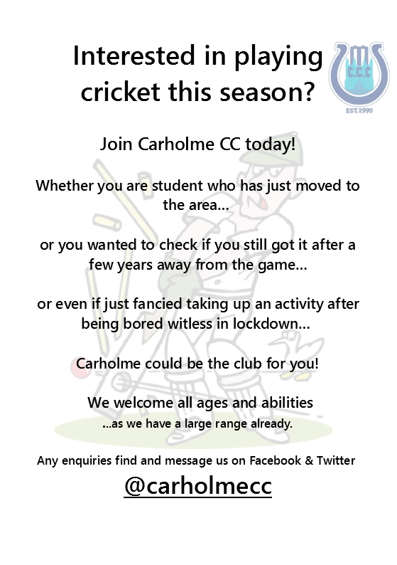 CarholmeCc's tweet photo. We have created a pretty terrible poster to advertise our club around the west end, however it represents us quite well #DesperateNotDesperate #LonelyCricketClubLookingForBigStrongPlayersToKeepUsWarmAtNight #SociallyDistancedOnly https://t.co/J9Y0Sepb5d