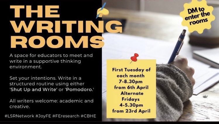 JFletcherSaxon's tweet photo. Schedule some writing time. Join us Friday 4pm.
Come along, share your intentions, have some focused writing time, share progress. This week:
Room 1: Pomodoro
Room 2: Shut Up and Write
Room 3: Abstract writing for conferences inc @AcademicsClass + @TeamSUNCETT IPFREC conferences https://t.co/PbeyN0psSp
