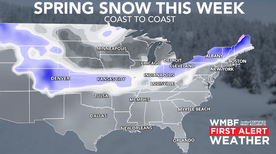 jamiearnoldWMBF's tweet photo. How about some April snow? A coast to coast storm system will deliver spring snow from the Rockies tonight, to the midwest and Great Lakes Tuesday and into the northeast on Wednesday. #SNOWTHANKS #SCwx @wmbfnews https://t.co/hBnqyIViVx