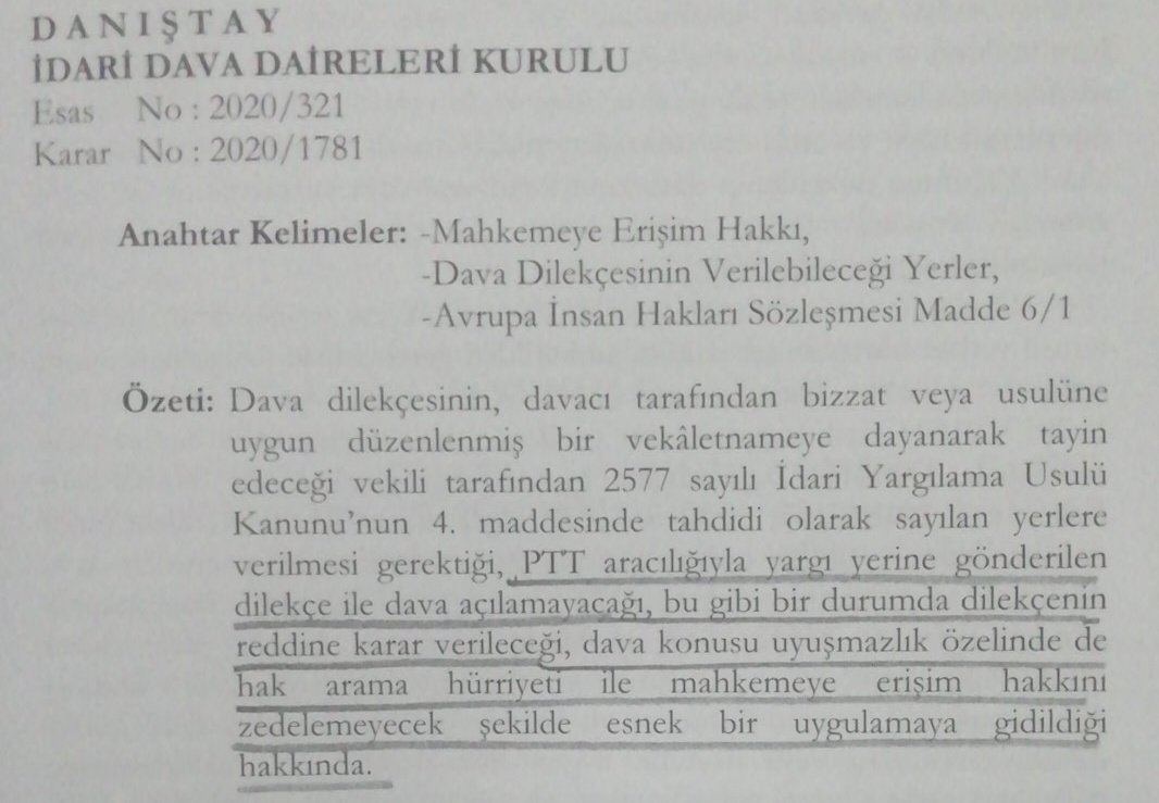 PTT aracılığıyla açılan davada, sırf bu nedenle dilekçe ret kararı verilebileceği ve bunun mahkemeye erişim hakkını ihlal etmeyeceği hakkında dumanı üstünde bir Danıştay kararı. 

<a href="/idaregundem/">İdare Hukuku Gündemi</a>