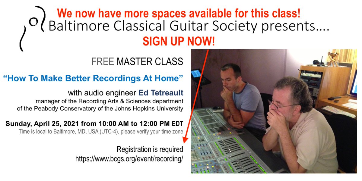 407 registered for the class of audio engineer Ed Tetreault. We may have to limit access of future registrants to BCGS members.This is the perfect excuse to support us with a $25 membership valid until August 2021. bcgs.org/product/bcgs-m…

#classicalguitar #guitar