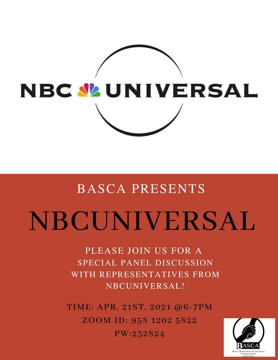 I am excited to announce we will be having our last meeting of the semester this Wednesday at 6pm via zoom. 🎊 Our guest for the evening will be NBC Universal. Please come out and join us as this will be a great opportunity to network! 😁

Time: 6:00 PM
Zoom ID:  958 1202 5822