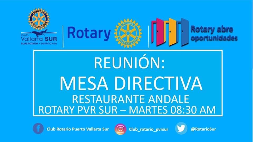 Se convoca a los Rotarios y Rotarias  a la Reunion de Mesa Directiva del día 20 de Abril del presente año a las 8:30 horas.