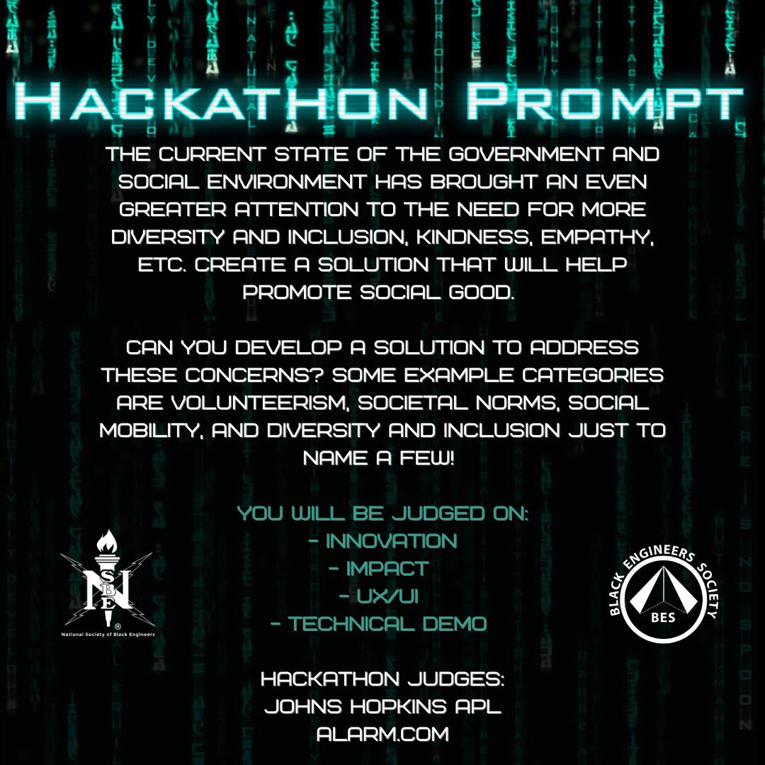 BES_UMCP's tweet photo. Happy Monday Everyone! Hack Day is this Saturday!! Here is the Hackathon prompt, the prizes up for grabs, and the companies who will be in attendance!

Please RSVP using the below and in our Bio!
https://t.co/IDV6Jo33yM https://t.co/UYBYf76v6V