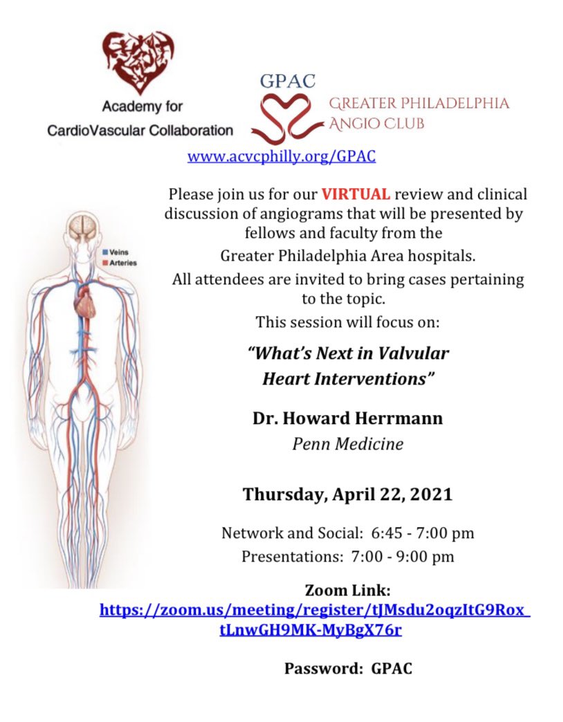 Join us this Thursday for <a href="/GPAngioClub/">Phila Angio Club</a> as Dr. Howard Herrmann <a href="/PennCardiology/">Penn Cardiology</a> talks about “What’s Next in Valvular Heart Interventions” followed by cases. Don’t miss it!  <a href="/ACVCPhila/">Academy for CardioVascular Collaboration</a> <a href="/ReVascMed/">ReVascMed</a> @VVargheseDO <a href="/Drbankacardio/">Sahil Banka</a> <a href="/TaiKobayashiMD/">Tai Kobayashi</a> <a href="/jaygirimd/">Jay Giri</a> <a href="/DrNickTJU/">Nicholas Ruggiero</a> <a href="/VladLakhter/">Vladimir Lakhter</a>