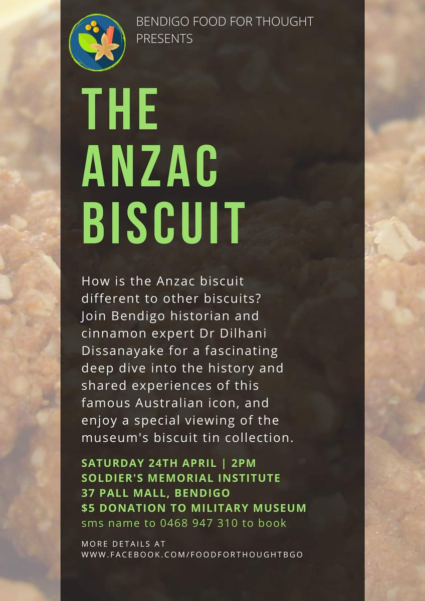 What's the special ingredient that makes Anzac biscuits uniquely Australian, &amp; why does it matter? Join us at Bendigo Soldier's Memorial for a special history workshop w <a href="/cinnamonhistory/">Dr Dilhani Dissanayake</a>. The RSL are even cracking out the bikkie tin collection!
#AnzacDay
fb.me/e/H2VCgzLu