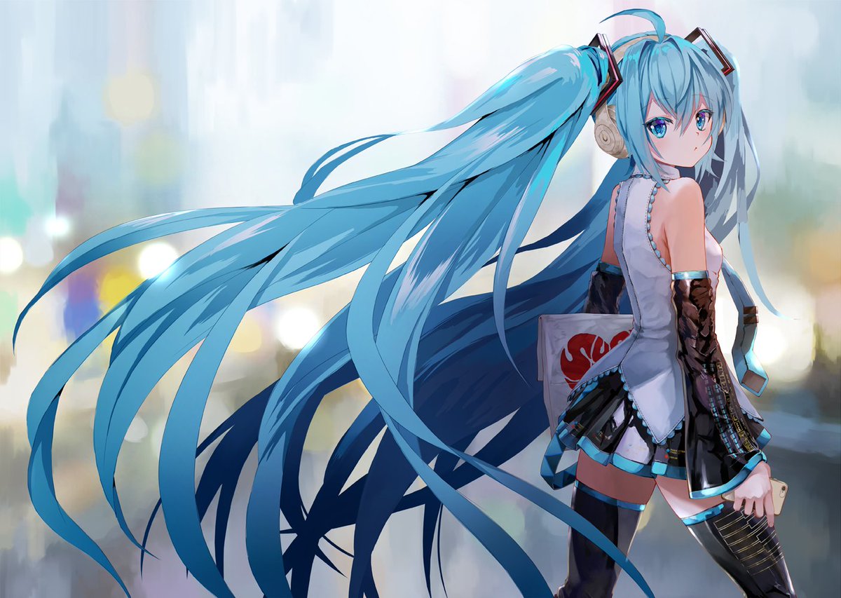 hatsune miku 1girl solo long hair thighhighs twintails very long hair necktie  illustration images