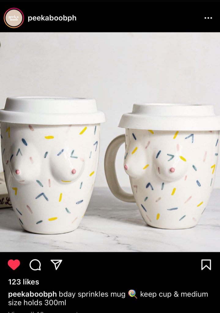 3. Boob/Butt mugsBase price: 700PhpStore: IGNote: Items are pre-ordered, so give the store a lead time if for gifting.  https://instagram.com/peekaboobph?igshid=1r1c6qtsm6iyu