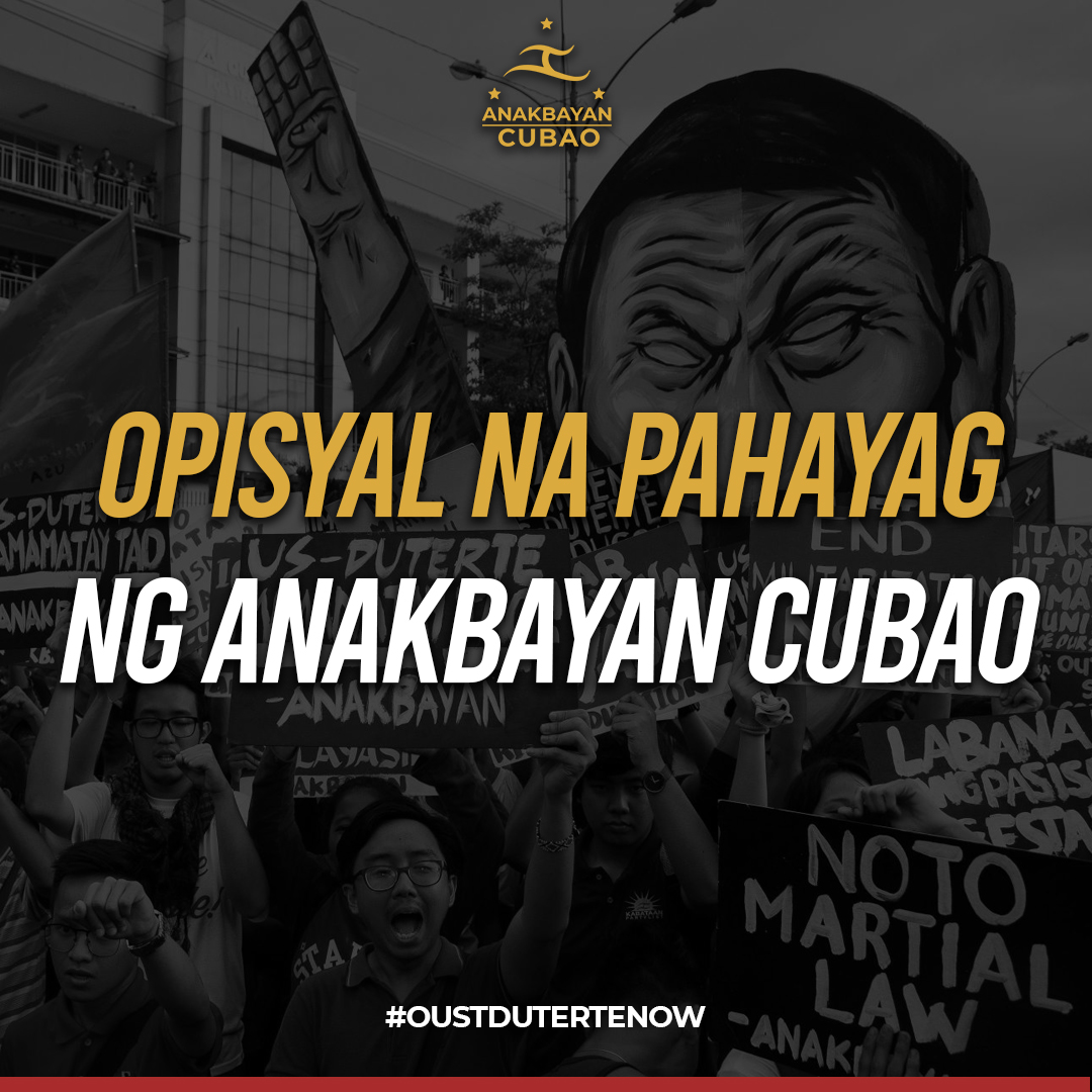Opisyal na pahayag ng Anakbayan-Cubao tungkol sa pagdakip sa mga Lider-Kabataan ng Anakbayan

Basahin nang buo: bit.ly/3apoTA2

#OUSTDUTERENOW