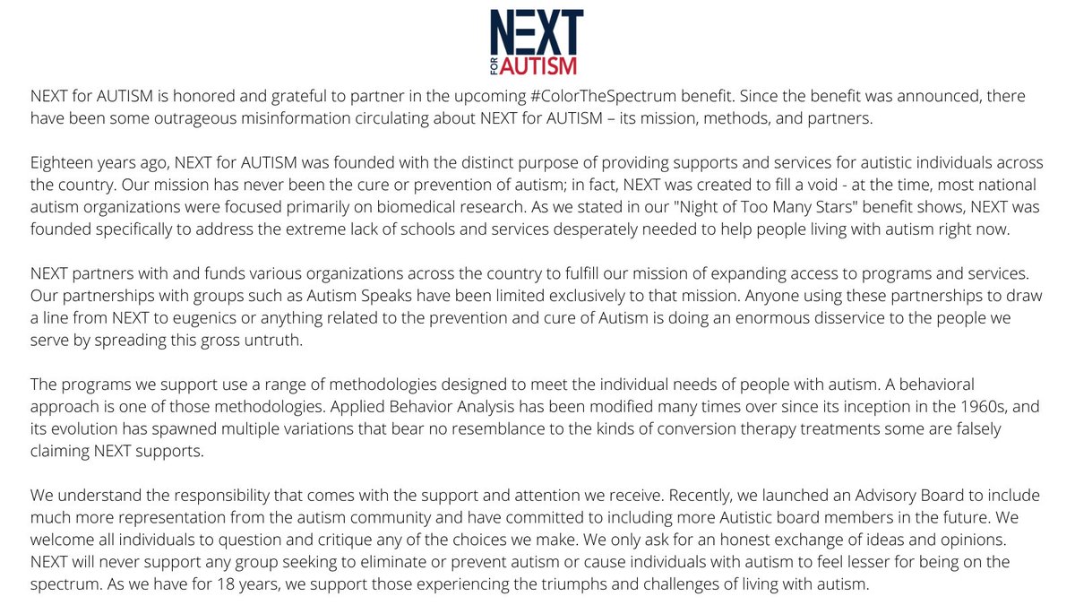UPDATE: A few things have been brought to light in regards to "Next For Autism".For starters, they released a statement denying many of the accusations and claiming they "recently" launched an Autism Advisory Board.Plus using Person-First language and gaslighting.1/12A