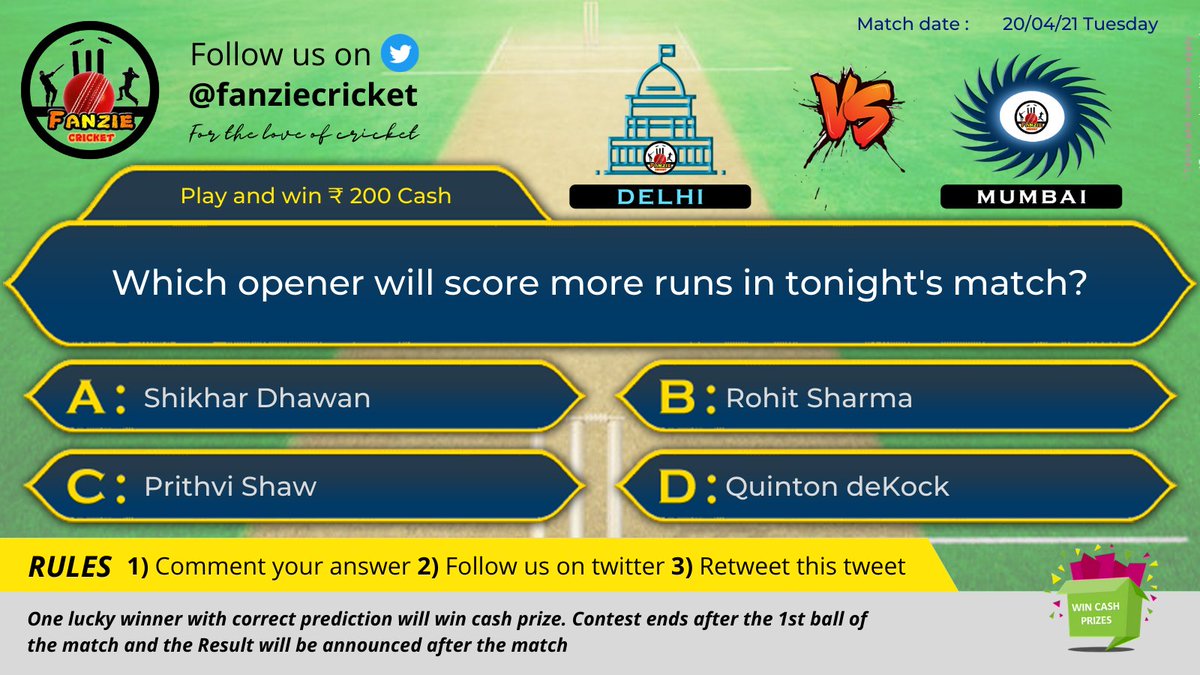 fanziecricket's tweet photo. Our Fanzie que no #FQ05 is live.
Participate in #Fanzieweekly contest and Get a chance to win 200 ₹ cash!
Hurry up as contest only lasts for 12 hours!!
For more #cricket fun follow us @fanziecricket
#contest #ContestAlert #contestalertindia https://t.co/1VhiRpmSnQ