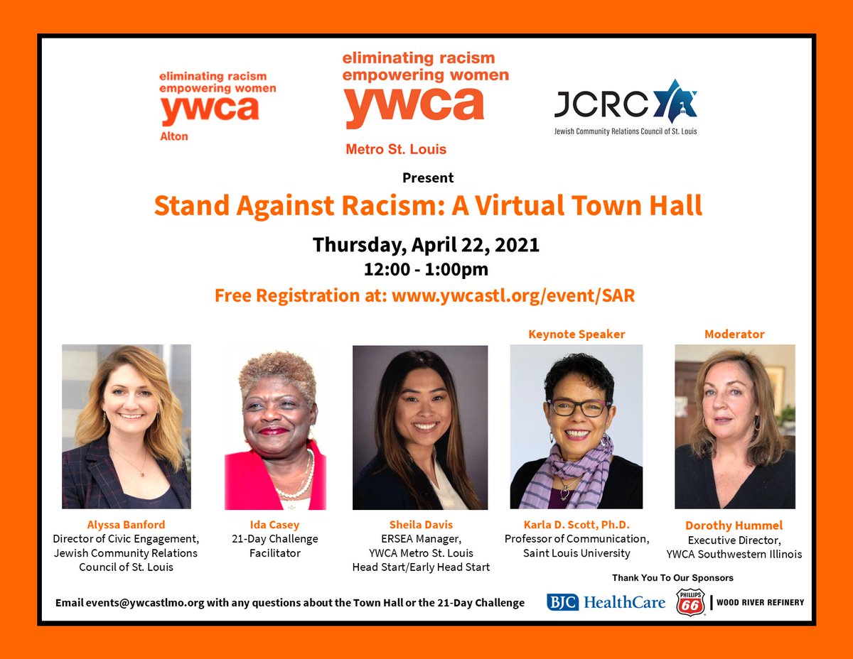 YWCASTL's tweet photo. Join us Thursday, April 22nd for "Stand Against Racism: A Virtual Town Hall", kicking off the 21-Day Challenge For Racial Equity &amp; Social Justice. Register for the Town Hall at https://t.co/Z0Ne260CtI. Register for the 21-Day Challenge at https://t.co/CJxC4HnwEu. https://t.co/WG1Qcb3Yzo
