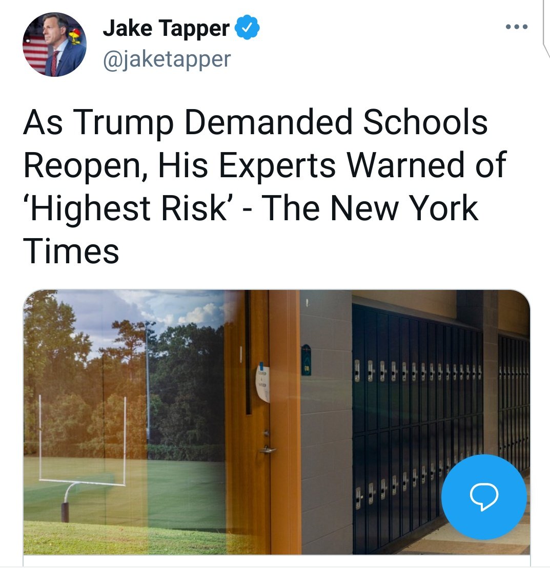 As Trump Demanded Schools Reopen, His Experts Warned of ‘Highest Risk’ - The New York Times https://twitter.com/jaketapper/status/1282020490417188864?s=20July 11/12 and then December. Plenty of studies but a very flawed one highlighted when teams changed. 57k cases vs 70k cases. <crazypillsgif> <explainitlikeim5>