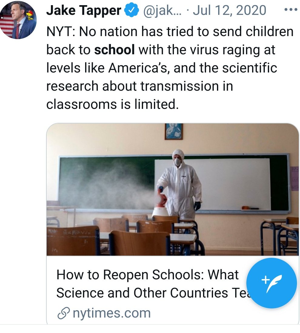 As Trump Demanded Schools Reopen, His Experts Warned of ‘Highest Risk’ - The New York Times https://twitter.com/jaketapper/status/1282020490417188864?s=20July 11/12 and then December. Plenty of studies but a very flawed one highlighted when teams changed. 57k cases vs 70k cases. <crazypillsgif> <explainitlikeim5>