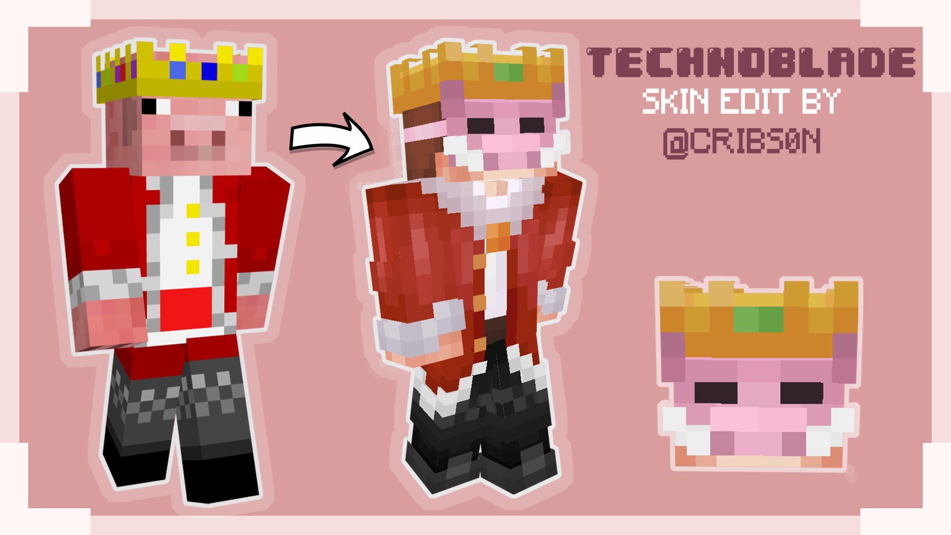 CribSon on X: Hello! Today I reworked Technoblade's skin 🐷👑 I hope you  like it ✊ Like and Follow for more 🥰 RT if you can 🙏 #technoblade  #technobladefanart #technofanart #MinecraftSkin #minecraftskins #