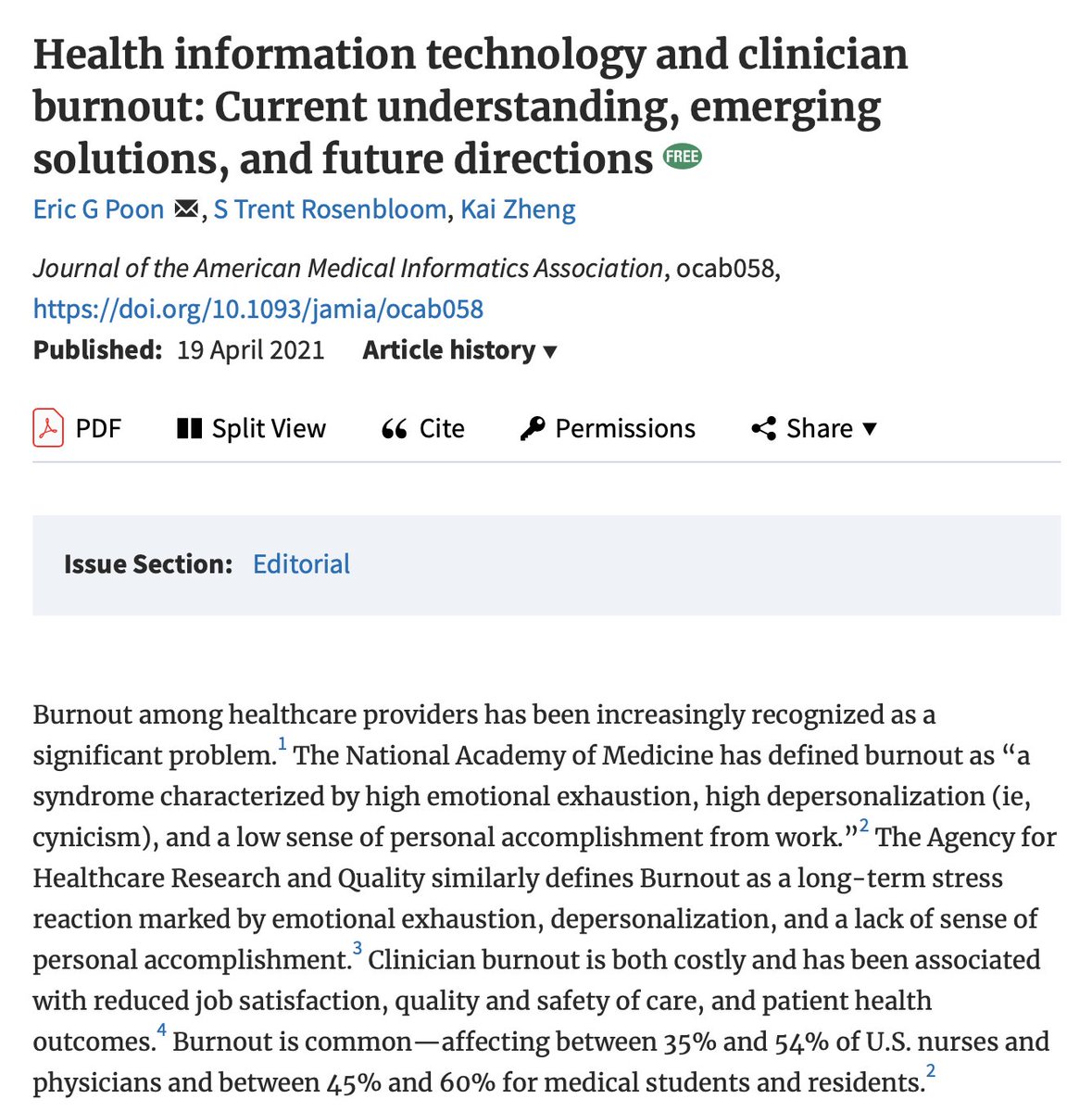Excited about our  <a href="/JAMIA_Journal/">JAMIA</a> editorial for a special issue on clinical burnout: Health information technology and clinician burnout: Current understanding, emerging solutions, and future directions. Written with Drs. <a href="/DrEricPoon/">Eric Poon</a> &amp; Kai Zheng  academic.oup.com/jamia/advance-…